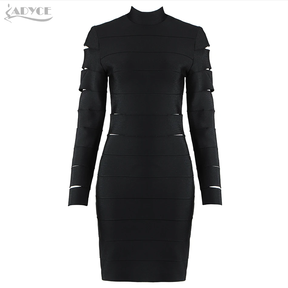 

Adyce 2021 New Winter Women Black Long Sleeve Turtleneck Bandage Dress Sexy Hollow Out Mini Bodycon Club Celebrity Party Dresses