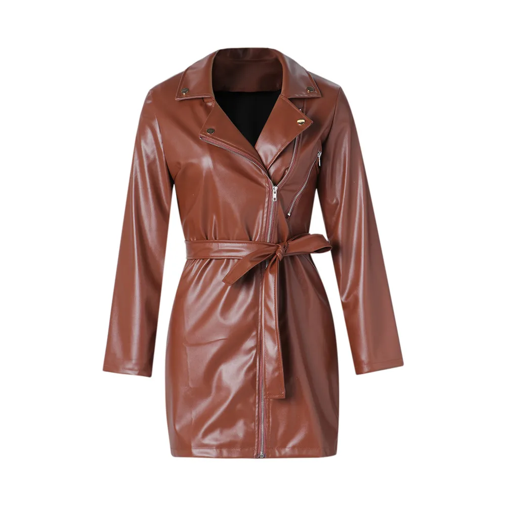 

Women Sexy Long Sleeve Zipper Sexy V Neck Vogue Retro Elegant Mini Dresses Sashes Casual Stylish PU Leather Party Club Tunic