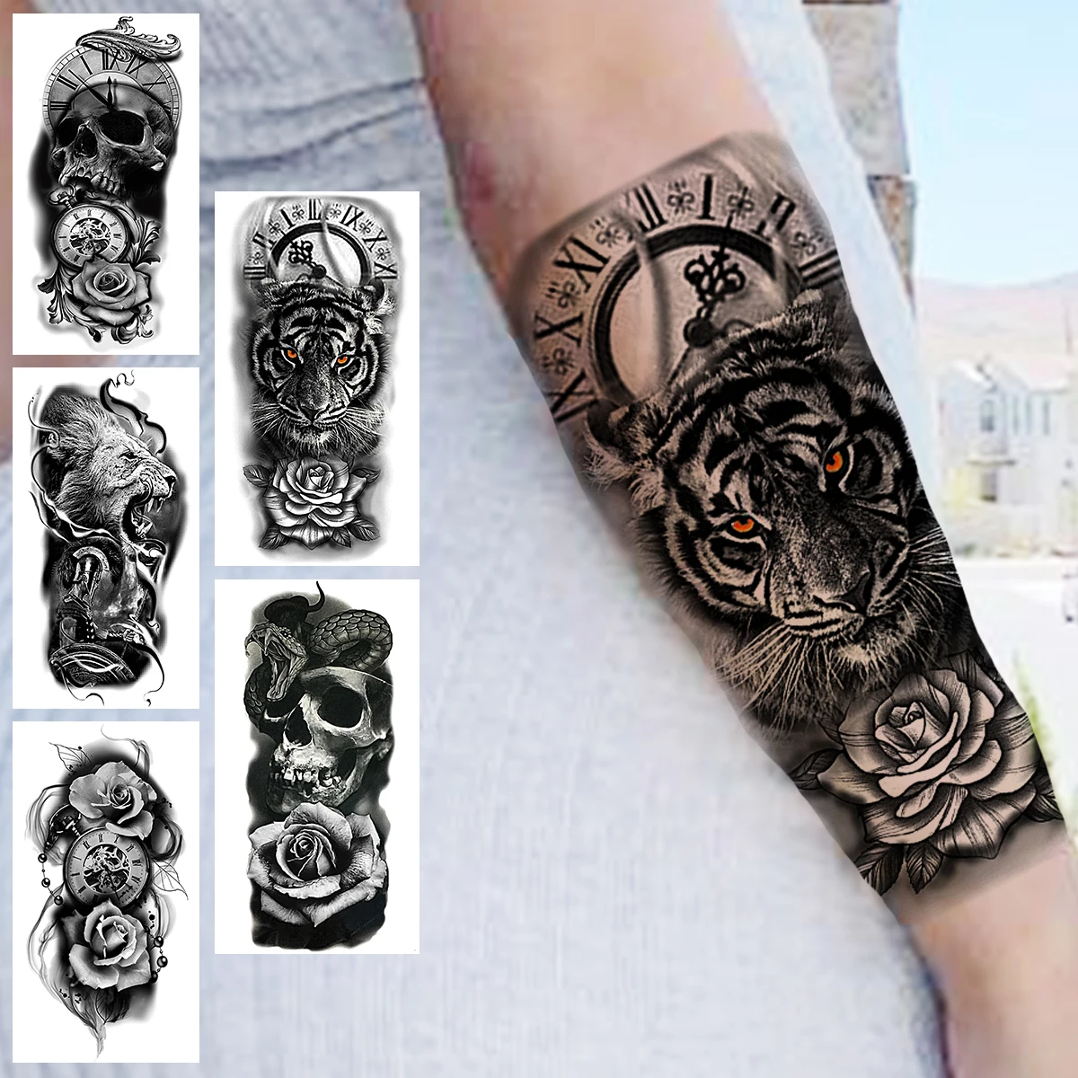 

Compass Tiger Flower Temporary Tattoos For Women Adults Realistic Scary Lion Samurai Fake Tattoo Sticker Forearm Tatoos Hot Sale