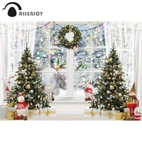 allenjoy winter christmas party backdrop wreath curtain french windows trees gifts bells banner reindeer interior background