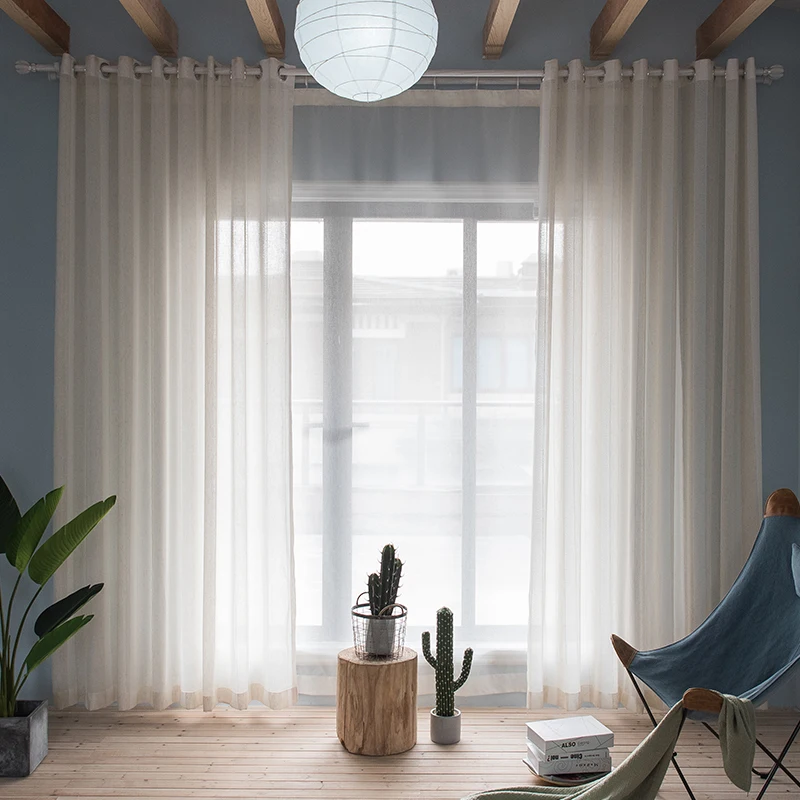 Бежевые льняные полосатые прозрачные тюлевые шторы для гостиной современные