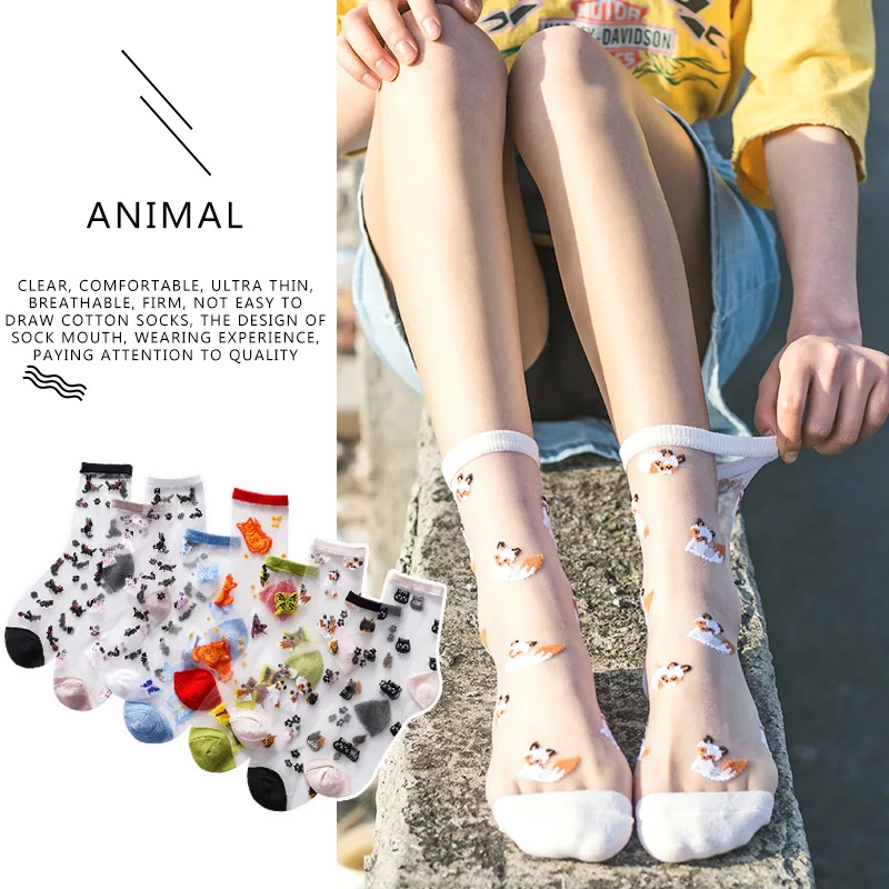 

Summer Thin Glass Hosiery Japan And Korea Style Trend Cartoon Animals Transparent Crystal Hosiery Card Silk Lady Socks