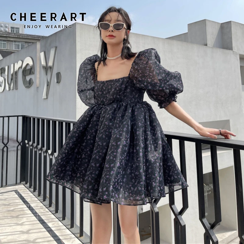 

CHEERART Puff Sleeve Square Neck Floral Tulle Puffy Dress For Women 2021 Summer Backless Ball Gown Mini Tunic Desinger Dress