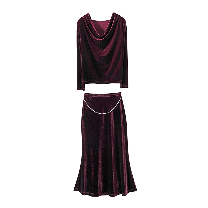 

Vintage two piece set women 2020 elegant v-neck long sleeve top+midi mermaid skirt 2 piece set autumn winter clothes for women