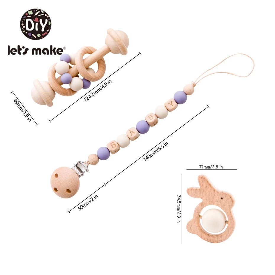 Let's Make 3pc/set Baby Pacifier Chain Holder Foer Nipples Beech Wood Baby Rattle Crib Mobiles Stroller Accessories Baby Toys