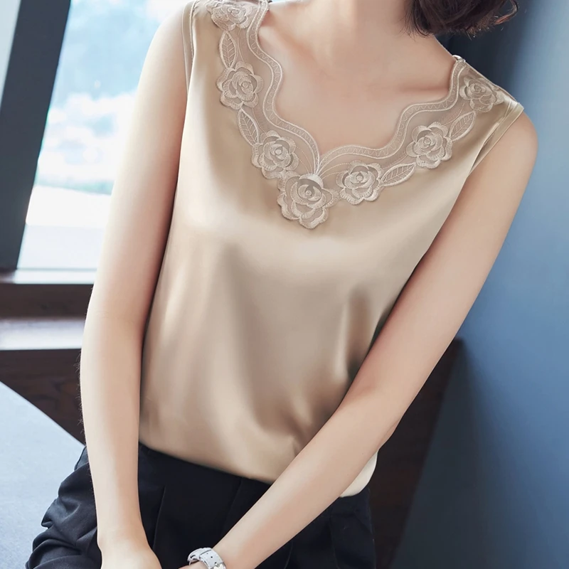 

Flower Embroidery Lace Satin Silk Strap Vest Summer Tank Tops Women Sexy Silk Ladies Camisole Bottom Shirt V-neck Female T-shirt
