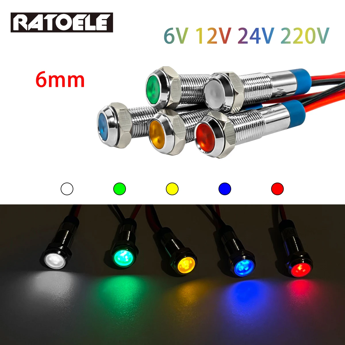 

6mm Metal LED Warning Indicator Light Waterproof IP67 Signal Lamp Pilot Wires Switch 6V 12V 24V 220V Red Blue White Yellow Green