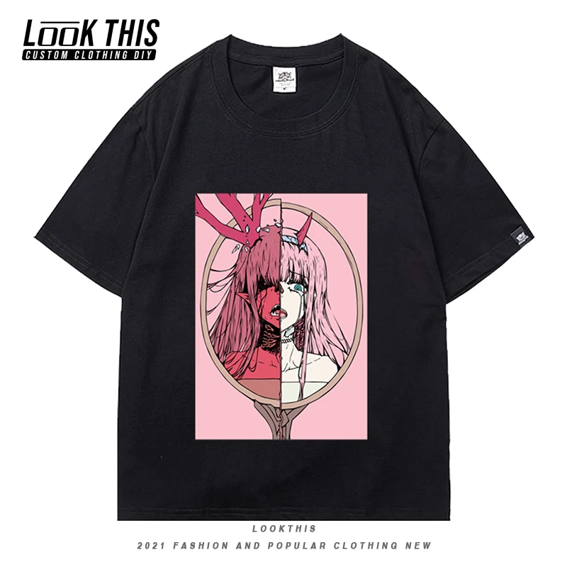 

Anime Zero Two Darling Summer Short Sleeve T-shirt Harajuku Male Unisex T shirt Casual Loose Tee Men O-neck Oversized T-shirts