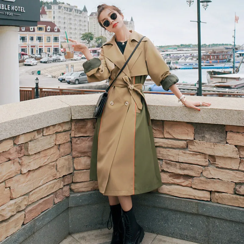 

Trench Coat Women Double Breasted Color Block Fashion Splice Long Windbreaker Jacket Female Korean Elegant Loose Sashe Overcoat