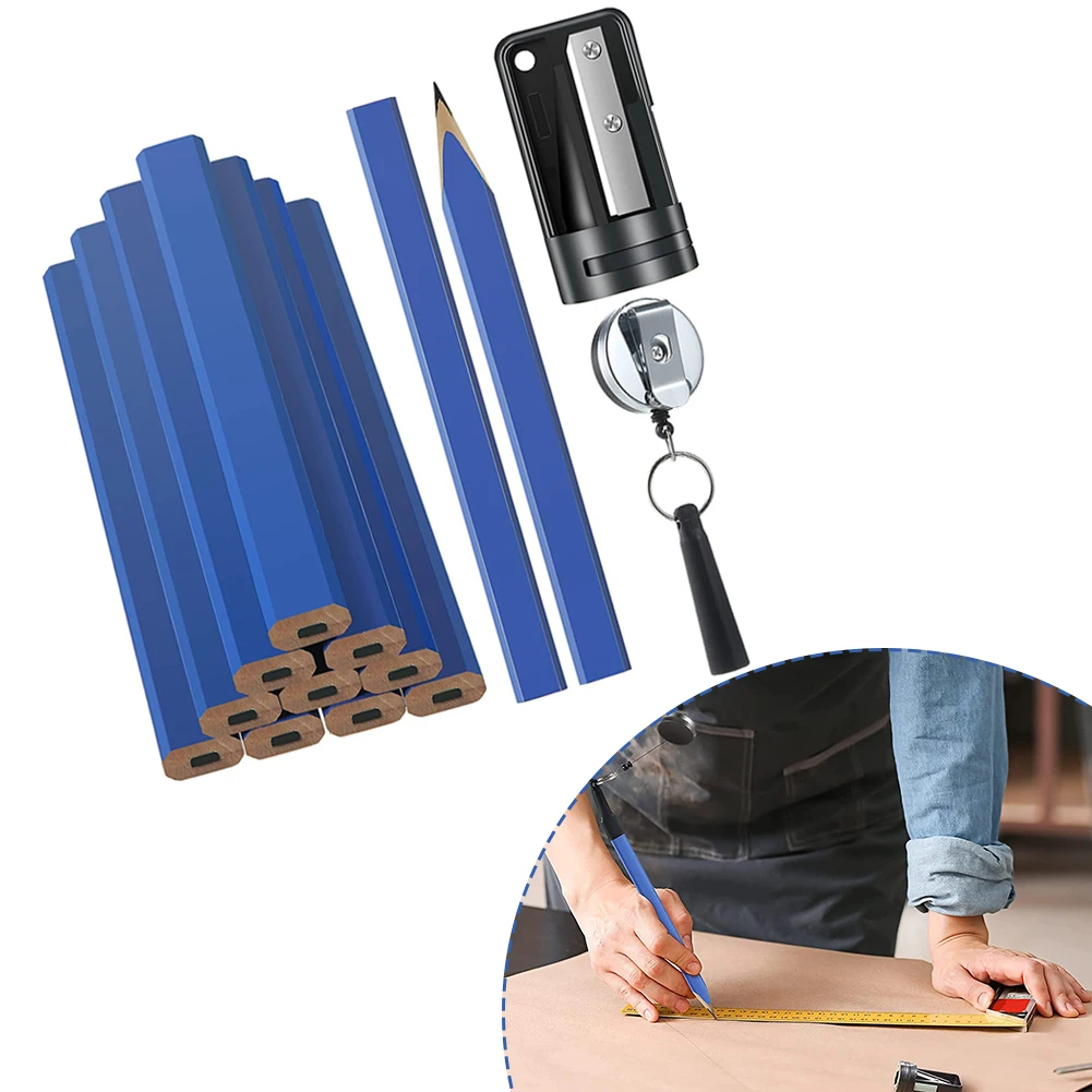 

12PCS Carpenter Pencil Set Flat Octagonal Hard Marking Tool With Pencil Sharpener Holder For Woodworking Plastic Paper Concrete