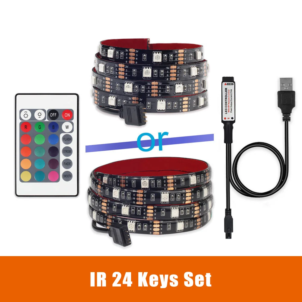 24 Key Set USB Светодиодная лента 5050 RGB ТВ фоновое освещение комплект можно резать с ИК РФ Музыка Bluetooth RGB светодиодный контроллер, 0,5 м/1 м/2 м комплект - Испускаемый цвет: 24 Key Set