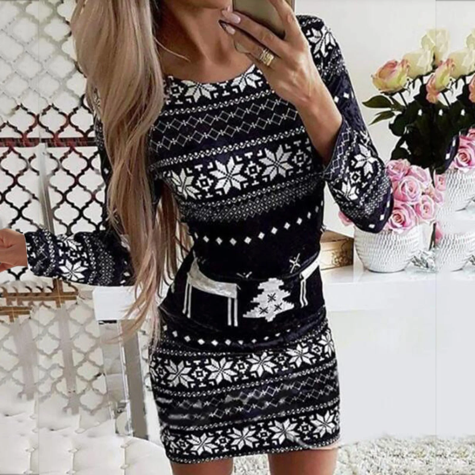 

Christmas 2022 Elk Snowflake Print Party Dress Women Autumn Winter Warm Knitted Long Sleeve Elegant Bodycons Mini Dresses