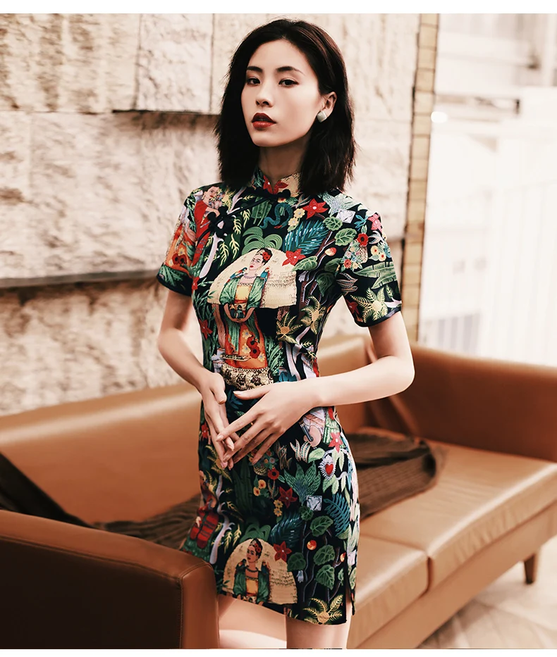 Женское шелковое платье cheongsam с коротким рукавом, Ретро стиль, воротник-стойка, платье cheongsam, цветочный принт, qipao, улучшенное китайское платье