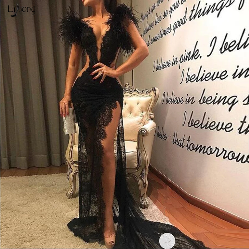 Robe de soiree Русалка Кружева аппликация вечерние платья, платья для торжества с перьями рукава Illusion Sheer высокий разрез robe de soiree