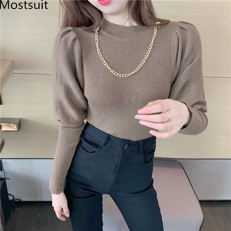 

Chain Knitted Slim Sweater Pullover Women Full Sleeve Stand Collar Solid Korean Ladies Jumpers Tops Femme 2021