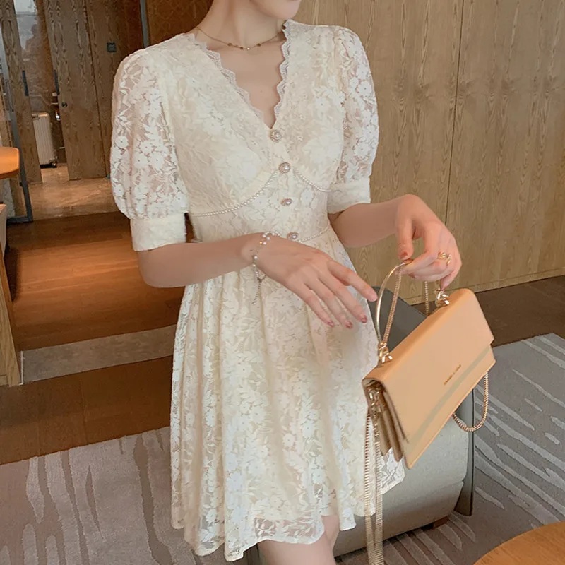 

Summer Floral Lace Hollow Out V-Neck Casual Mini Dresses Elegant Single-breasted Short Sleeve Fashion Female Vintage Dress 2021