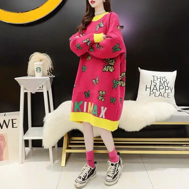 

Large size winter sweater skirt knee women 2020 new autumn winter loose letter jacquard knit dress