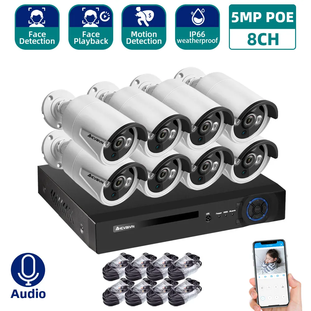 

AHCVBIVN H.265 8CH 5.0MP Audio POE IP Camera System Outdoor IR-CUT CCTV Video Surveillance Recorder Kit Face-Recording