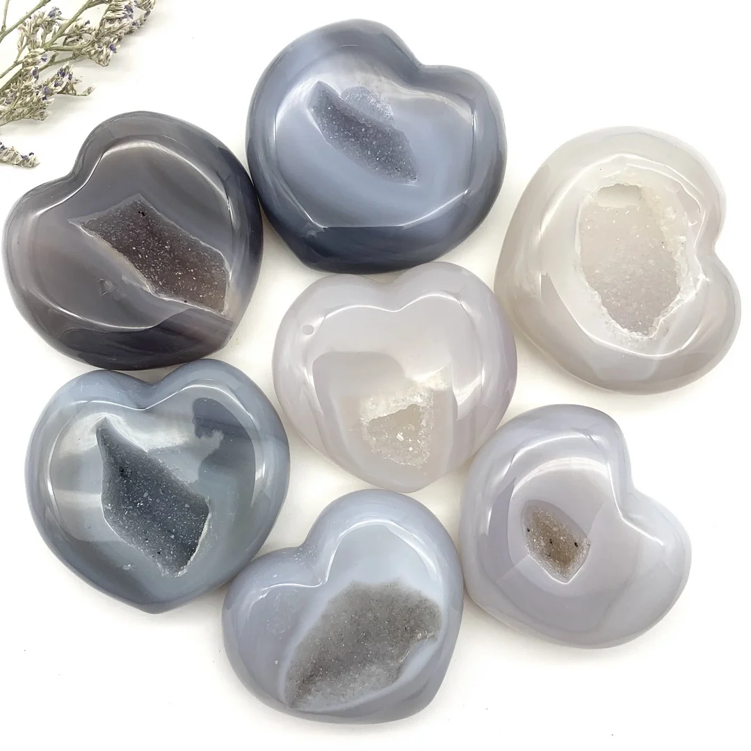 

Natural Geode Agate Heart-shaped Cluster Handmade Raw Quartz Carved Polished Healing Decoraction Meditation Decor Stones Healing