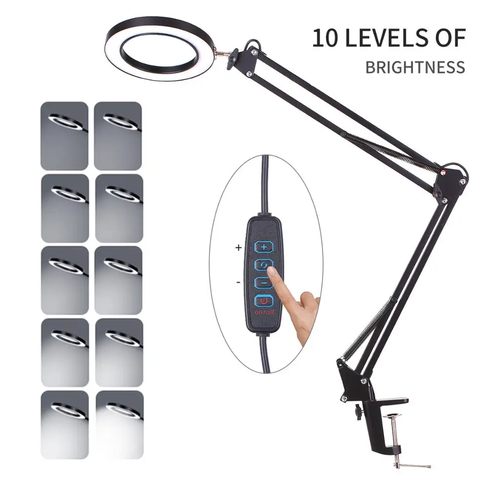 Светодиодный увеличительный фонарь 5X с зажимом настольная лампа регулируемым