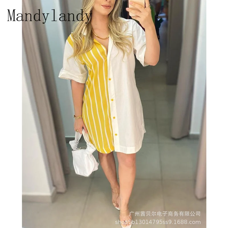 

Mandylandy Women's Elegant Stripe Patchwork Shirt Dress Ladies Casual Fashion Short Sleeve Turn Down Collar Loose Blouse Dress