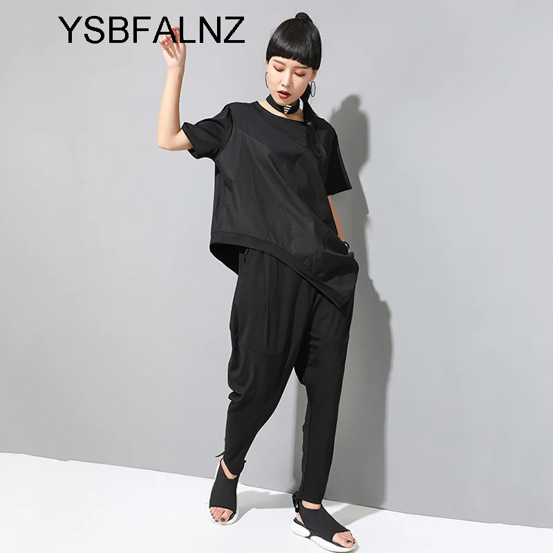 Женская Черная Асимметричная футболка с разрезом модная весенне-летняя