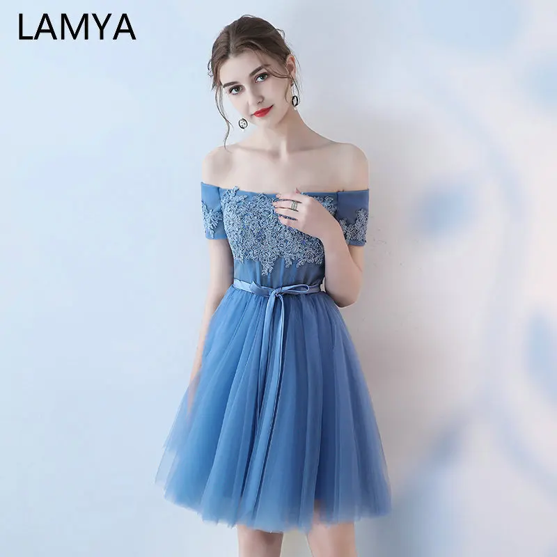 

LAMYA Customized Knee Length Ball Gown Prom Dresses Elegant Lace Appliques Formal Party Dress Sexy Lace up Robe De Soiree Short