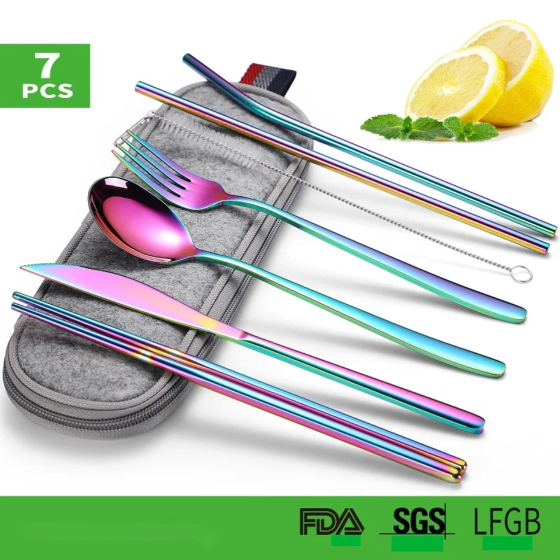 Портативный набор столовых приборов 7 шт. Вилки из нержавеющей стали ножи ложки