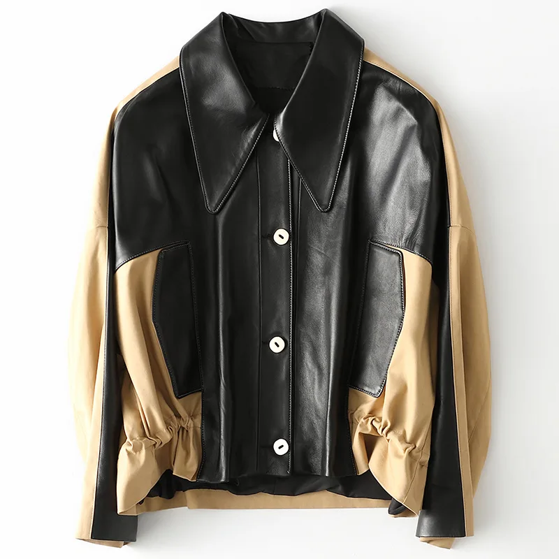 2021 Spring New Sheepskin Black Splicing Khaki Coat Women's High Quality Genuine Leather Casual Loose Motorcycle Jacket
