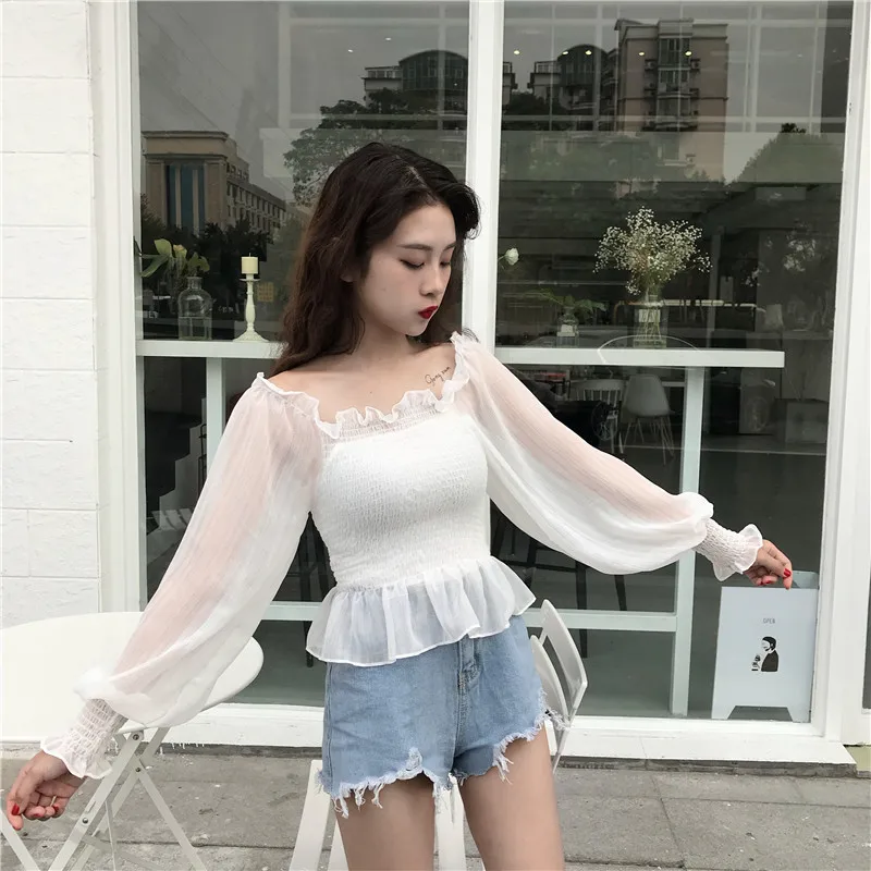 Женские рубашки с вырезом лодочкой и открытыми плечами пикантные шифоновые