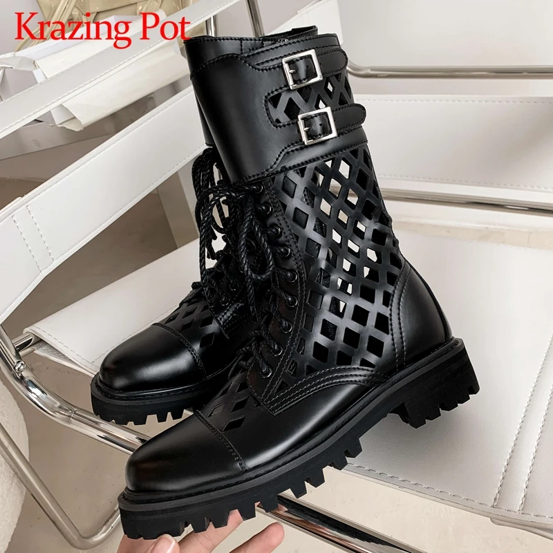 

Krazing pot/новые зимние сапоги до середины икры из коровьей кожи с круглым носком на среднем каблуке; Красивая уличная одежда для девушек; L01