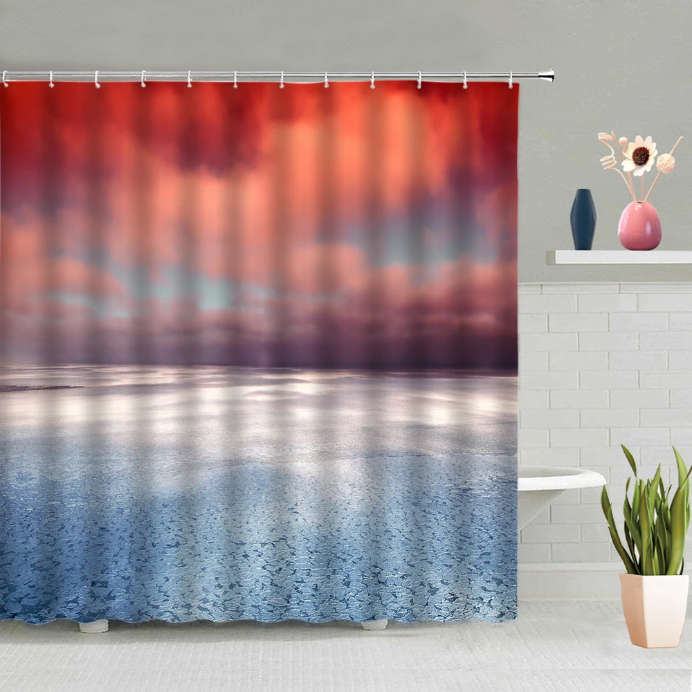 

Summer Sunset Ocean Shower Curtain Sea Wave Sky Dusk Scenery Modern Bathroom Decor Wall Hanging Curtains Bath Screen Hooks Set