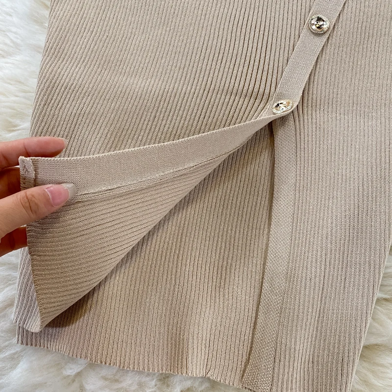 

Casual Women Knit Tank Dress Women 2021 Summer Round Neck Sleeveless Slim Stretch Buttons Split Knee Length Bandage Party Dress