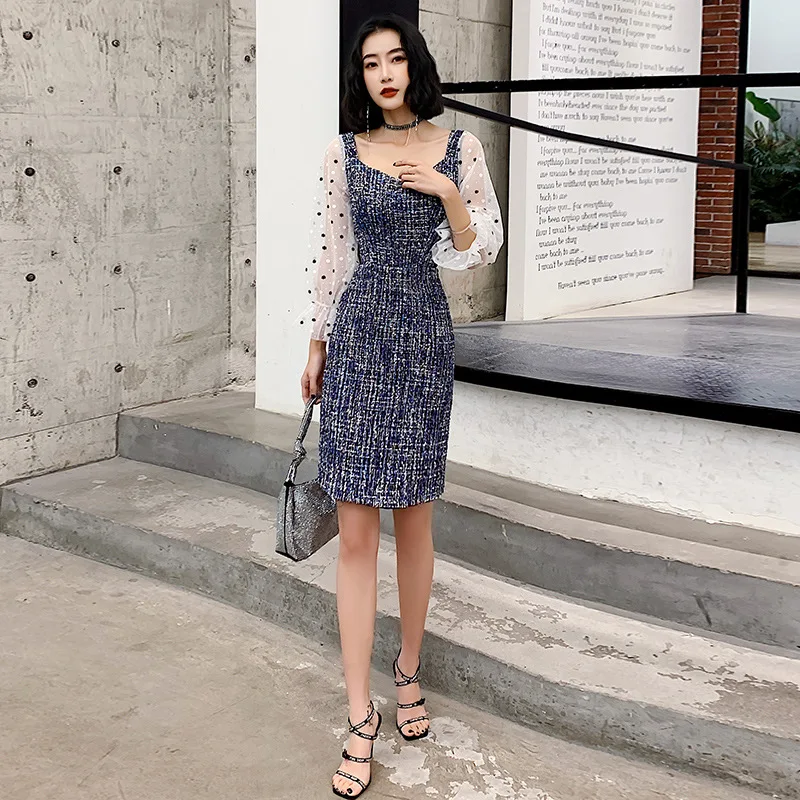 

Office Lady Sexy V-Neck Slim Prom Dresses Flower Sequins Trim Elegant Evening Party Dress Exquisite Lantern Sleeve Banquet Gown