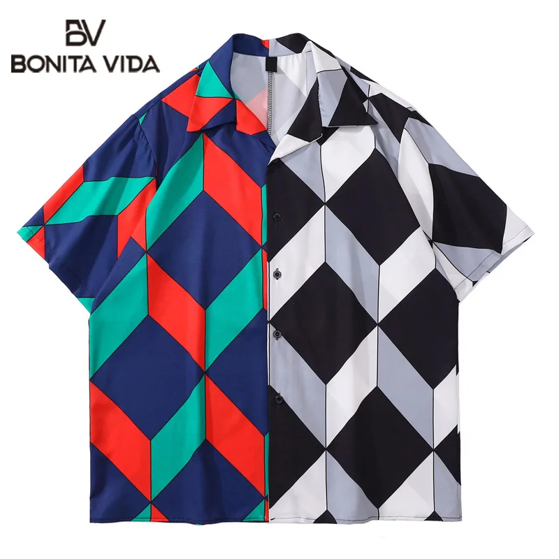 

Bonita Vida Hawaiian Beach Shirts Harajuku Argyle Print Short Sleeve Streetwear Hip Hop Casual Tropical Button Tops