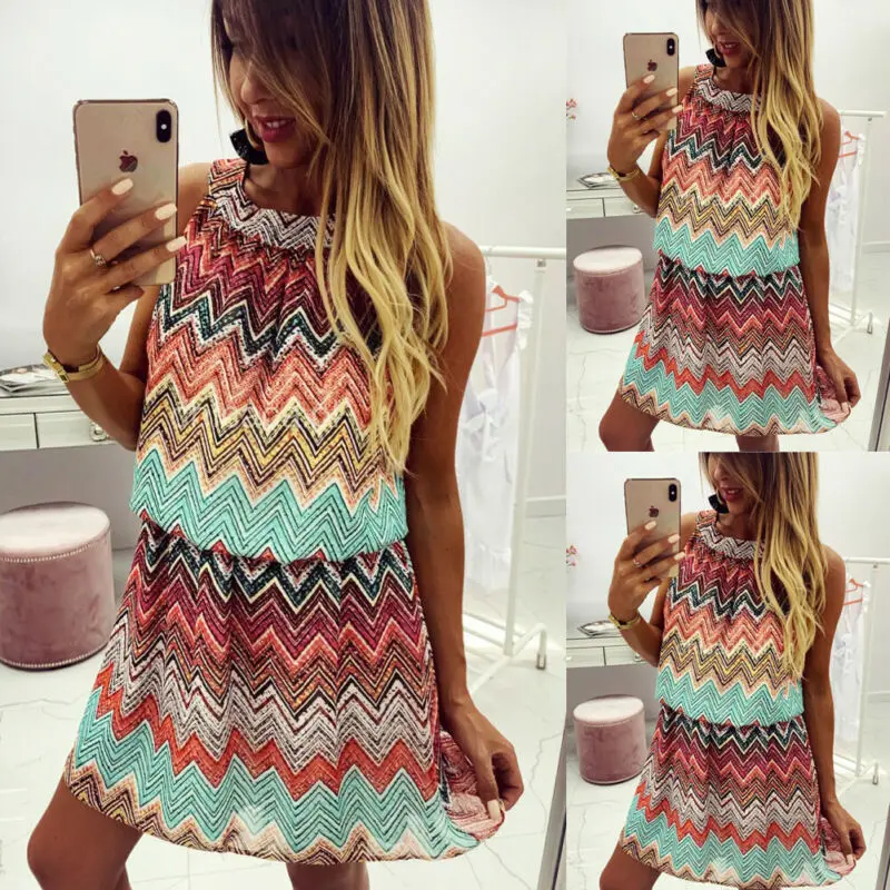 Модные женские богемные мини Макси повседневные без рукавов платье рубашка