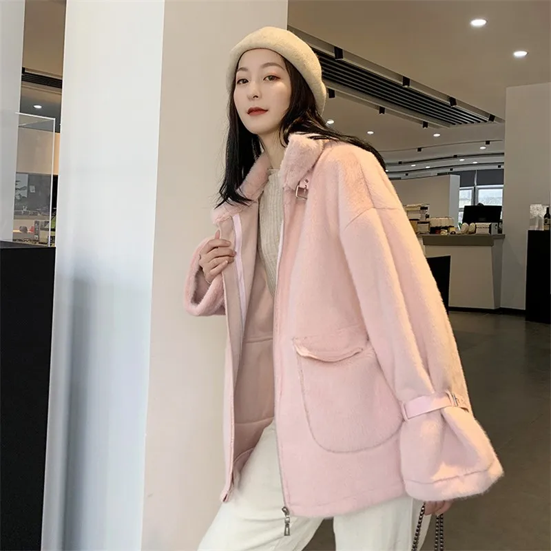 2021 New Women's Autumn And Winter Motorcycle Suit Imitation Mink Plush Coat Short Woman Stand Collar Belt Goth Female Jacket