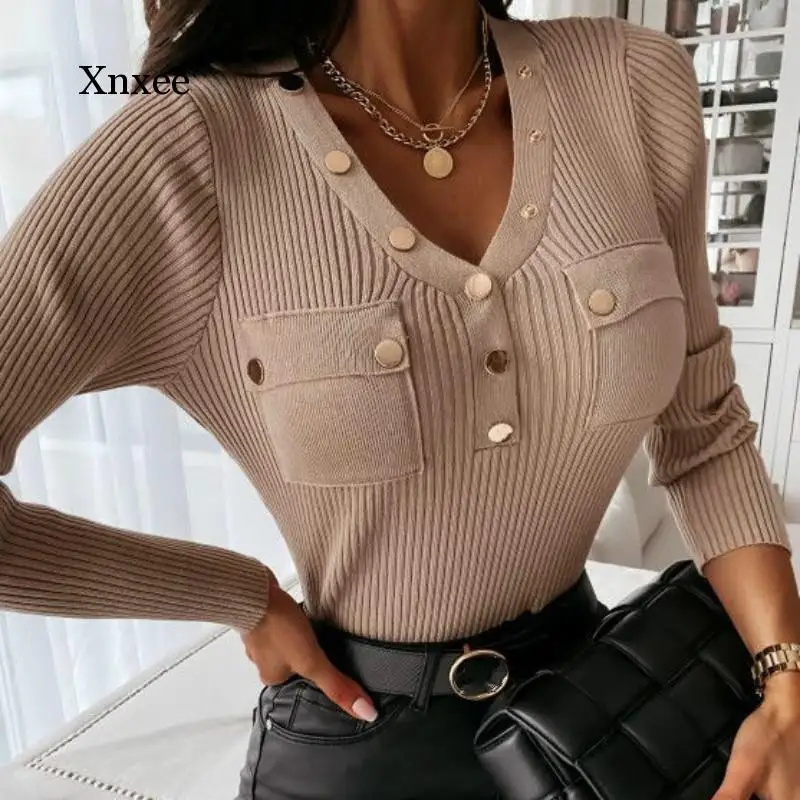 

Повседневный Женский пуловер в рубчик топы на пуговицах с головой V образным вырезом рубашки размера плюс осень-зима для женщин с длинными р...