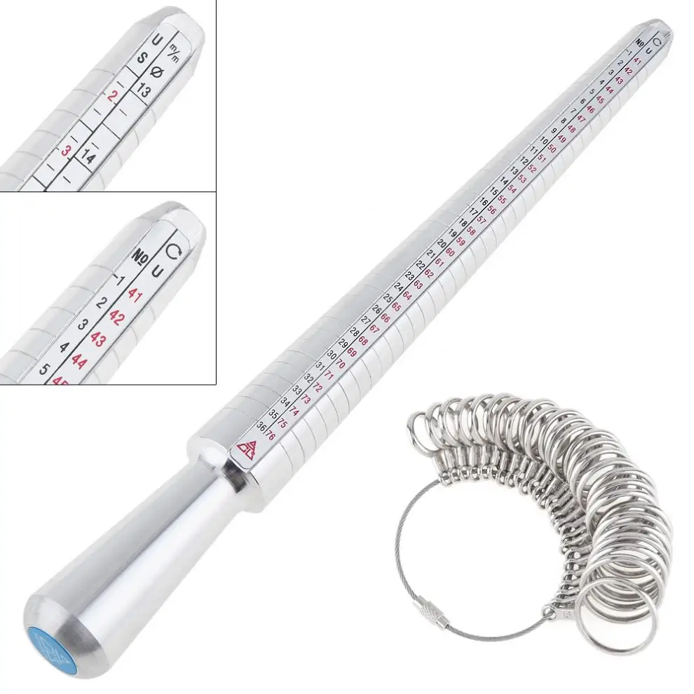 

US / EU Degree Standard Ring Measurement Tool with Aluminum Alloy Finger Rings and Aluminum Alloy Measuring Stick