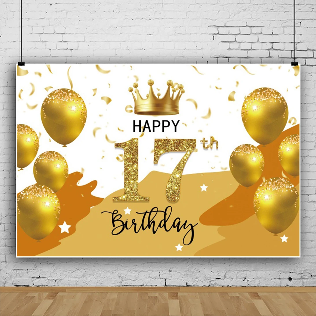 

Golden Theme Happy 17th Birthday Background Balloons Party Glitter Crown Table Backdrop Decoration Custom Booth Banner