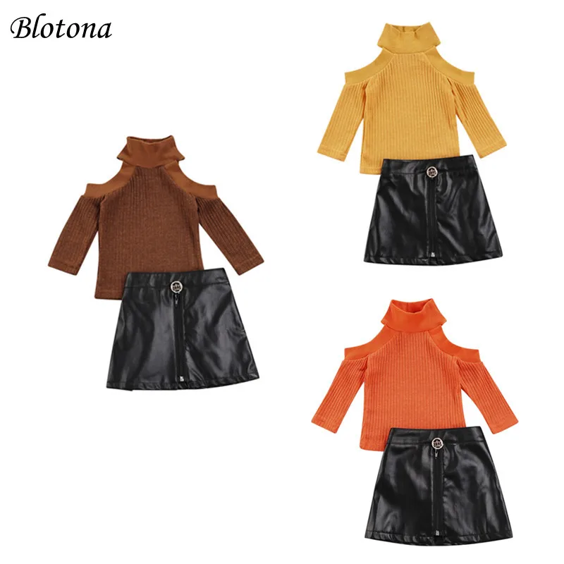 

Повседневная одежда для младенцев Blotona, пуловер с открытыми плечами и длинным рукавом и круглым вырезом и кожаная юбка для девочек 1-5 лет, 2 ш...