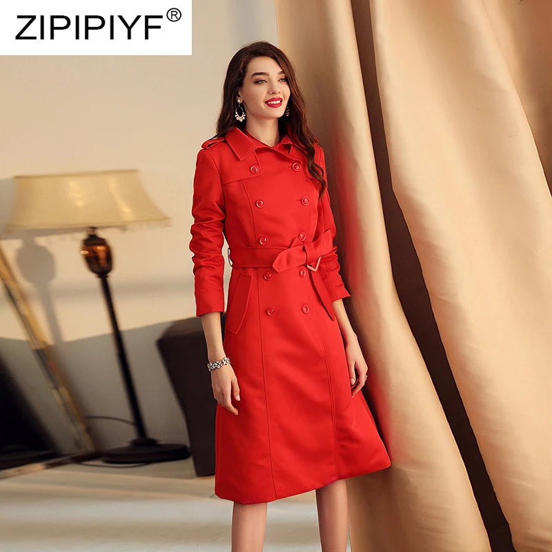 

2020 spring women casual solid color trench double breasted outwear sashes office coat turn down collar knee-length trench Y53