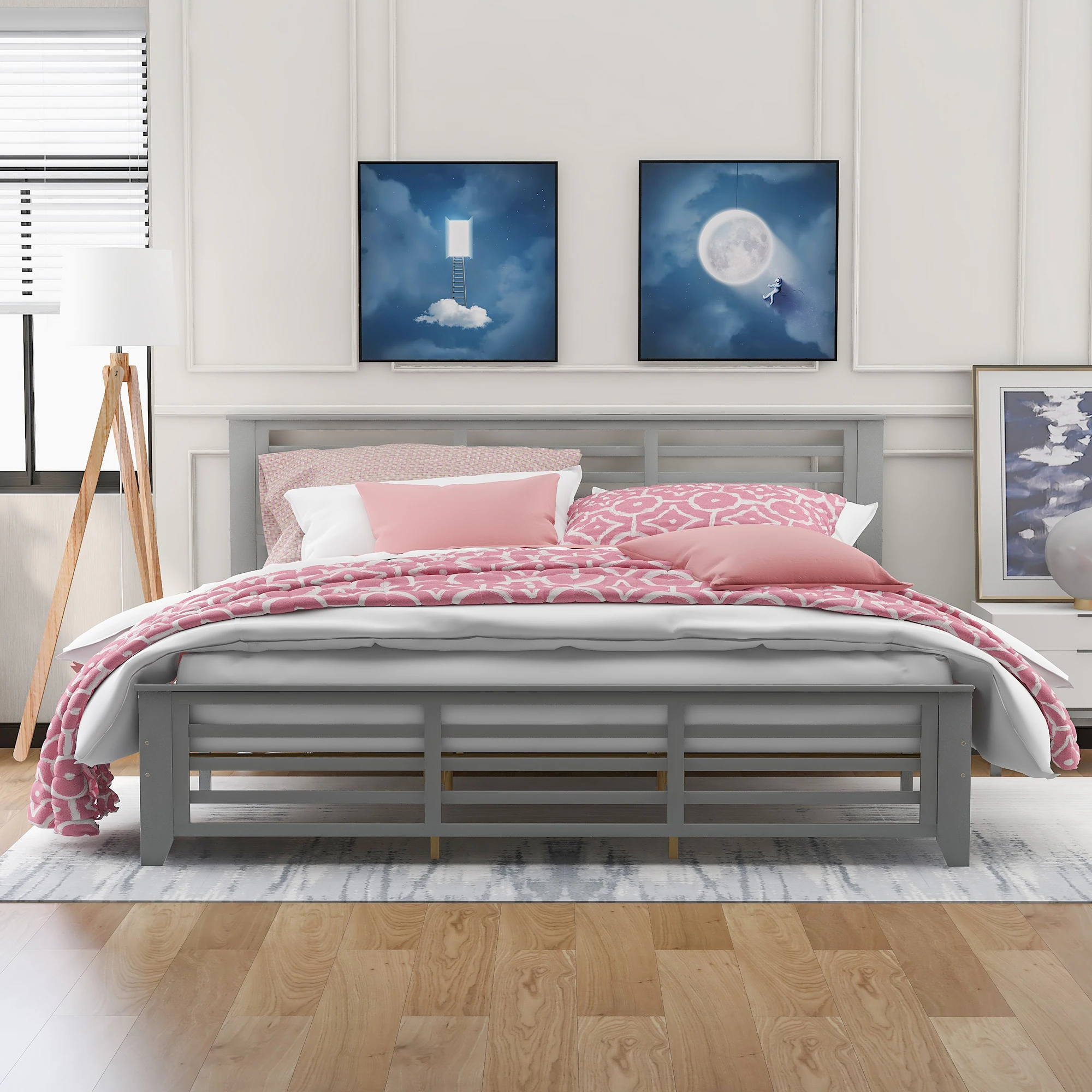 

Платформенная кровать с горизонтальной полосой полых формы, большой размер, серый (Новый)
