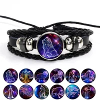 12 constellation zodiac sign black braided leather bracelet gemini cancer leo virgo libra woven glass dome jewelry birthday gift