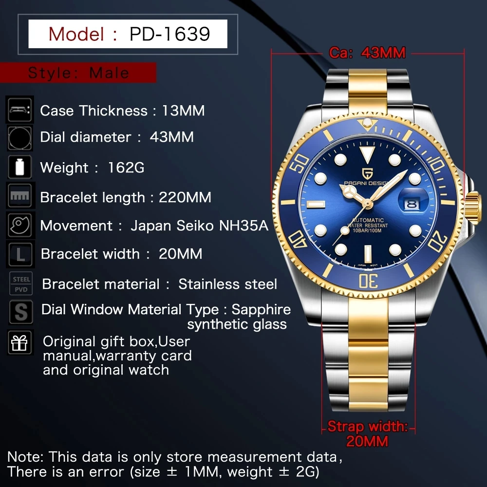 

PAGANI DESIGN Brand Men's watches Business Luxury Waterproof Automatic watch Stainless Steel Mechanical Sapphire Watch men NH35A