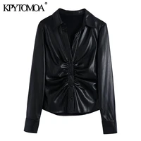 kpytomoa women 2021 fashion faux leather pleated fitted blouses vintage long sleeve button up female shirts blusas chic tops