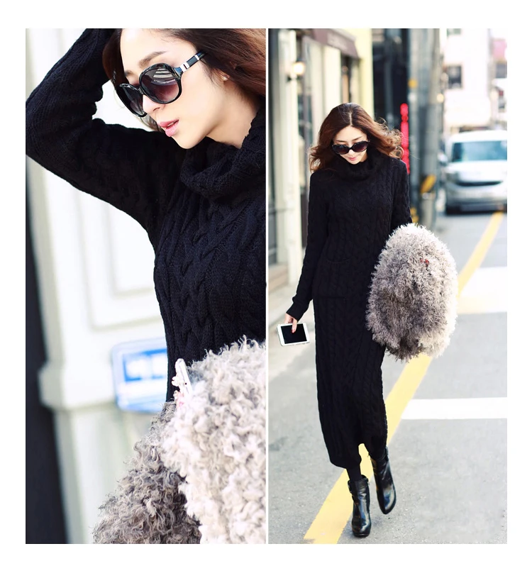 Женское трикотажное платье-свитер с высоким воротником и длинными рукавами |