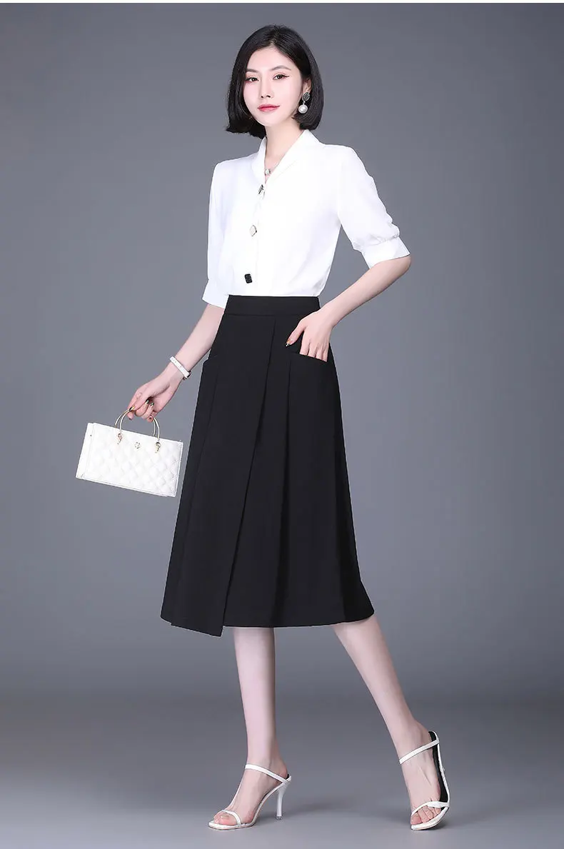 

Korean High Waisted Black Mid-long Skirt 2021 Summer Women Fashion Elegant Loose Casual Plus Size Formal Work Office Lady Skirts
