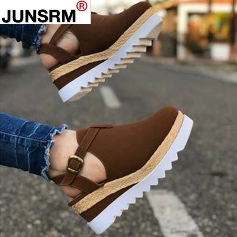 

Women's Sandals Vintage Wedge Shoes Woman Buckle Strap Straw Thick Bottom Flats Platform Sandals Flock Female Shoes Summer