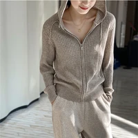 pure wool vertical striped knit women hooded zipper cardigans sweater short coat solid color spring autumn fashion sml